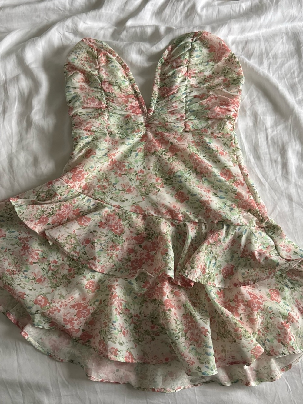 Selfie Leslie Cream Floral Ruffle Mini Dress with Pink and Green Print